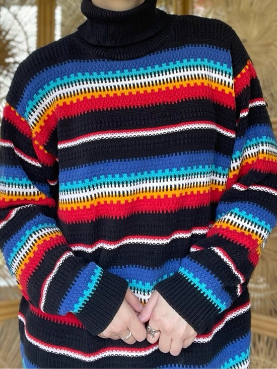 Lizsport Sweaters - Vintage Lizsport Black & Rainbow Multicolored Striped Knit Turtleneck Sweater M
